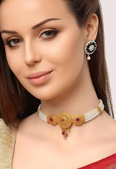 Royal Ruby Pearl Choker Necklace with Antique Gold Detailing