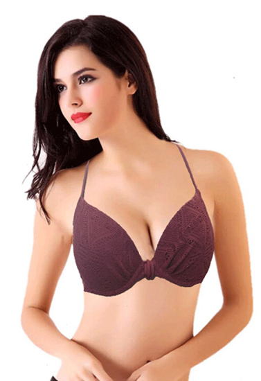 Dark Peach Crochet Push Up Halter Bikini Top