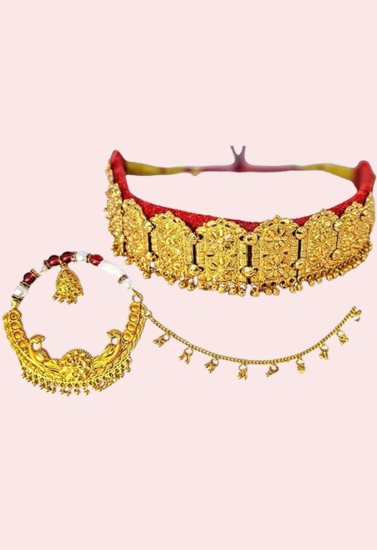 Kumauni Gold-Plated Guluband and Nath Jewellery Set
