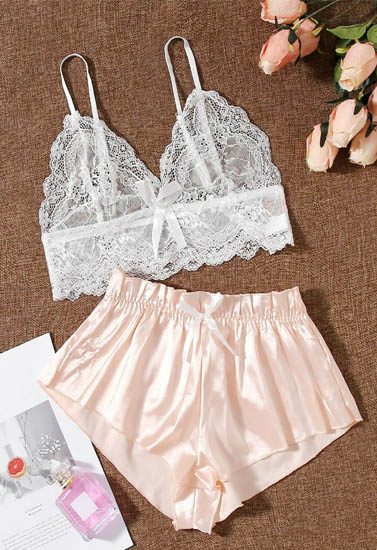 Sexy lace bralette silk satin French knicker set