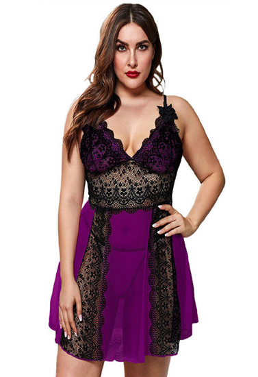 Plus Size V-Neck Lace Mesh Nightwear