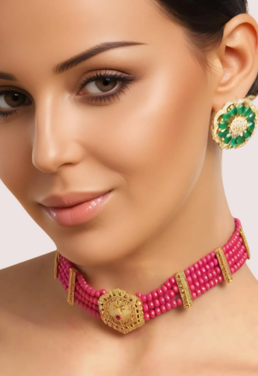 HexaCharm Red Beaded Necklace with Golden Hexagon Pendant