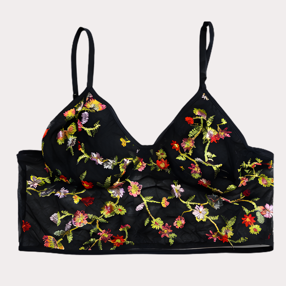 Black Floral Print Bikini Top for Women – Sheer Mesh Longline Swimwear Top