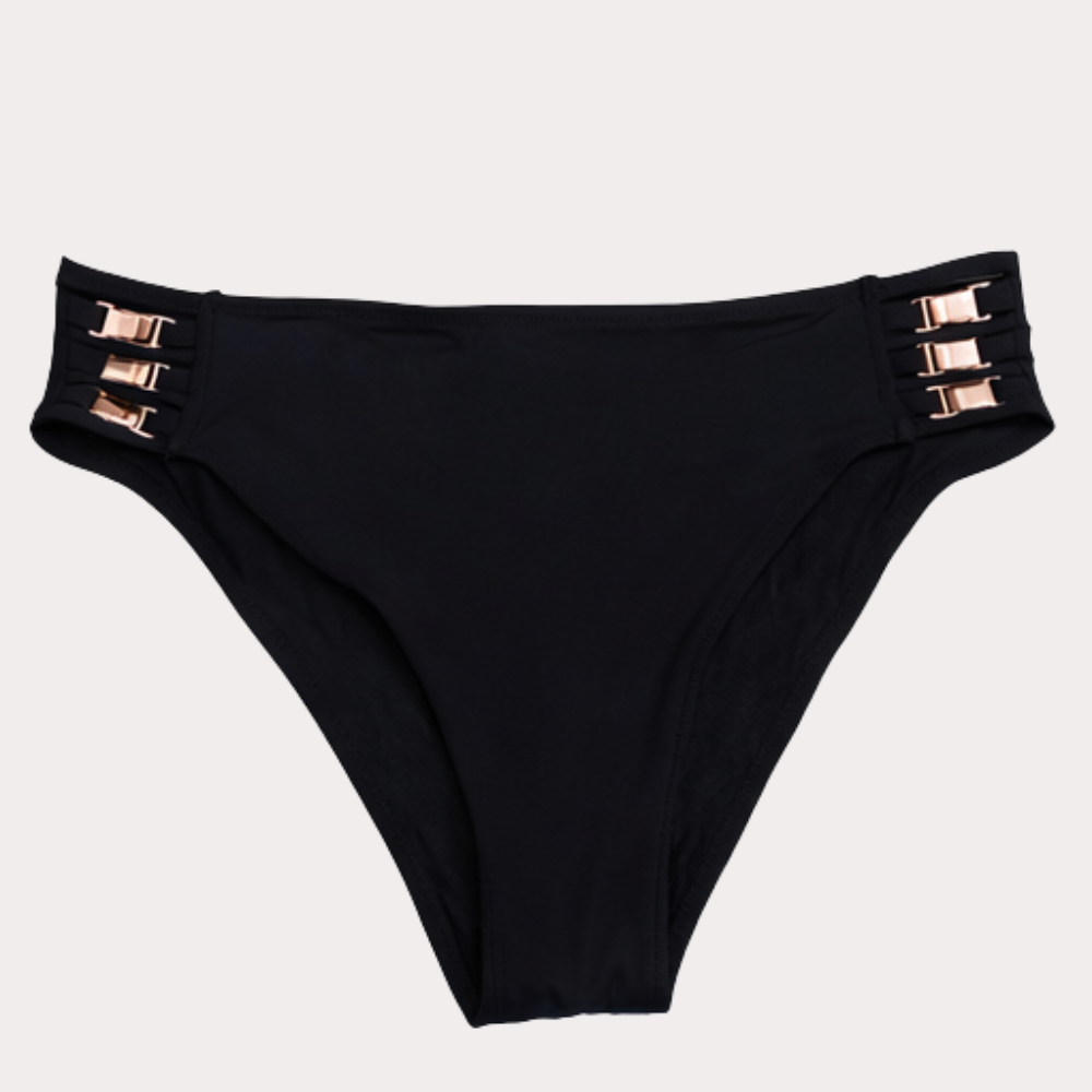 Black High Cut Bikini Bottom for Women – Gold Buckle Detail Swimwear Bottom