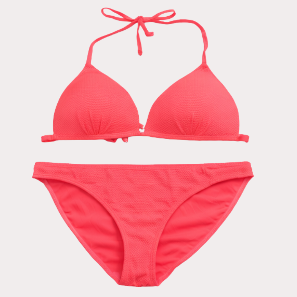 Coral Pink Textured Halter Neck Bikini Set for Women – Classic Triangle Swimwear