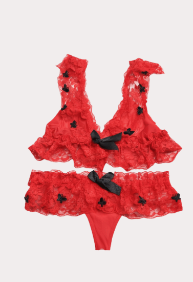 Rouge Fleur Lace Ruffle Bralette and Thong Set