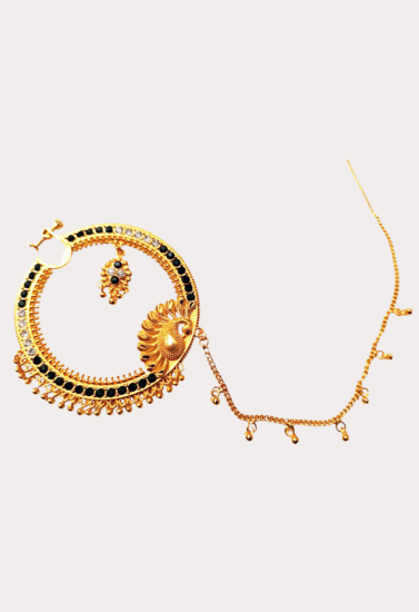 Royal Sun Design Bridal Nath with Chain – Gold-Toned Black and White Stone Nose Ring
