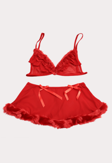 Scarlet Desire Feather Trim Bralette and Skirt Set