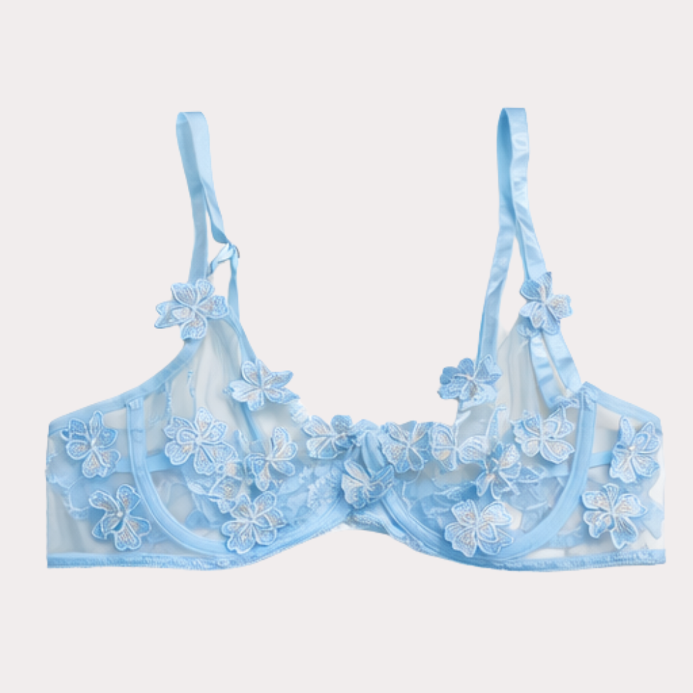 Sky Blue Sheer Floral Embroidered Bikini Top for Women – Underwired Mesh Swimwear