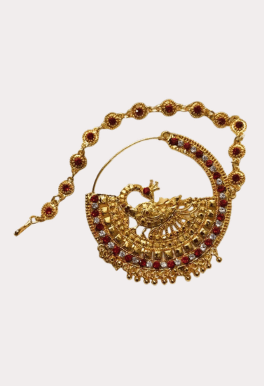 Royal Peacock Bridal Nath with Red and White Stone Embellishment
